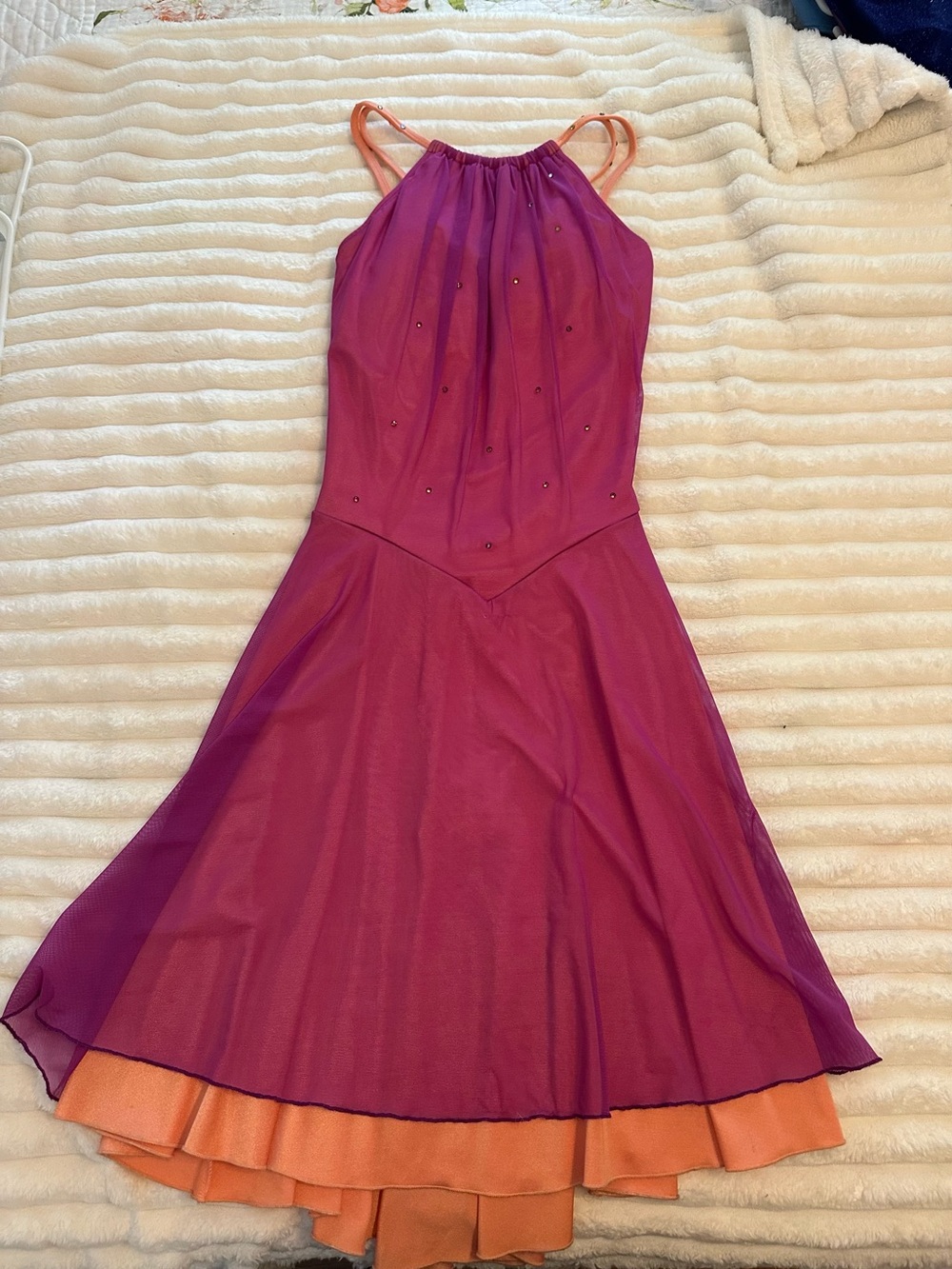 Adult XL figure skating/ dance costume Purple Dress with Peach Straps